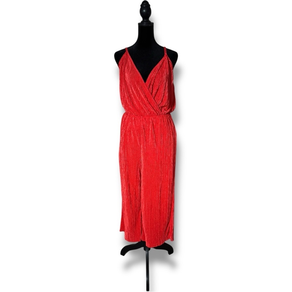 love, Fire Vibrant V Neck Wrap Style Top Sleeveless Flowy Red Wide Leg Jumpsuit - Picture 2 of 15